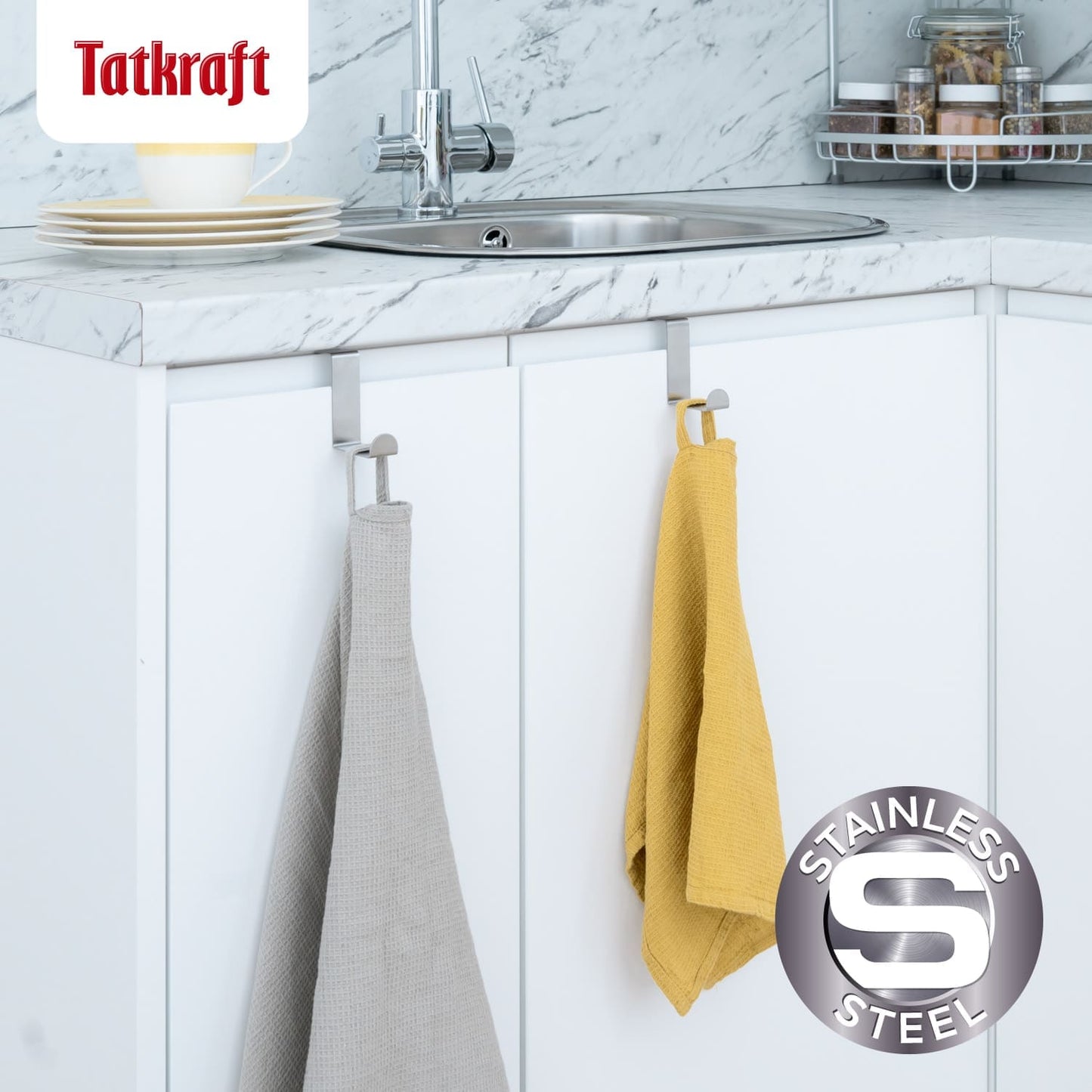 Tatkraft Seger 6 Crochets de Porte en Acier Inoxydable, Réversibles pour Porte Standart et Placard Armoire, Jusqu’à 5 kg