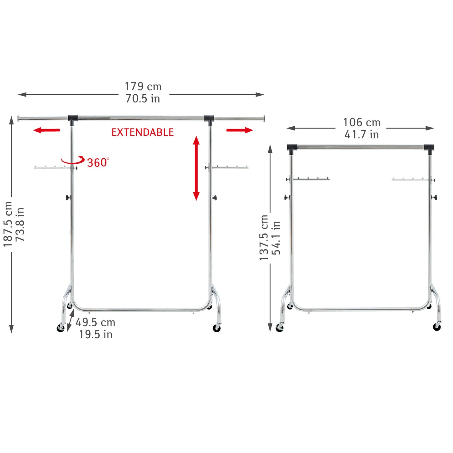 Portant Robuste pour Vêtements en Acier, Penderie sur 4 Roues, Réglable en Largeur et Hauteur, 45 cintres, 4