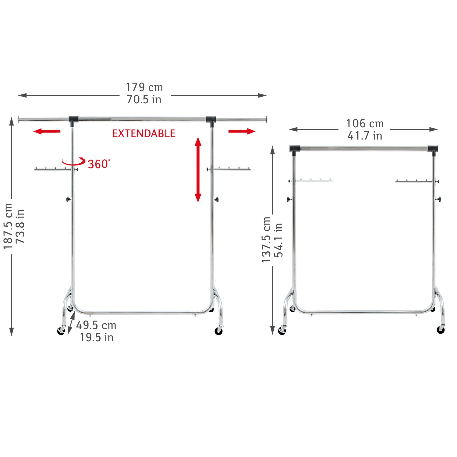 Portant Robuste pour Vêtements en Acier, Penderie sur 4 Roues, Réglable en Largeur et Hauteur, 45 cintres, 4
