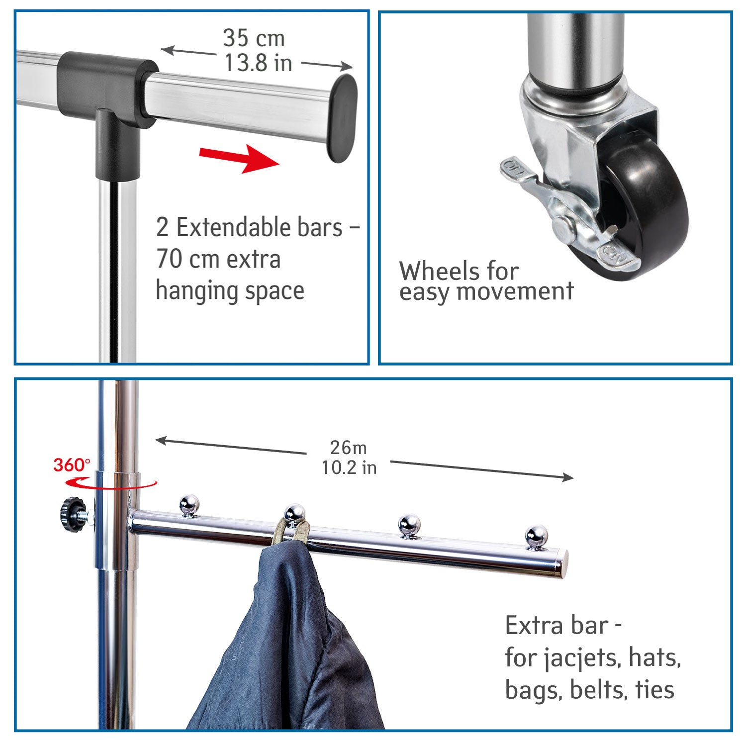 Portant Robuste pour Vêtements en Acier, Penderie sur 4 Roues, Réglable en Largeur et Hauteur, 45 cintres, 5
