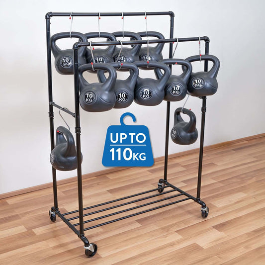 Tatkraft Pantera - Portant Vêtement Solide à Roulettes, 110 kg Capacité, 2 Barres et Range-Chaussures, Portant Vêtement en Métal, Penderie, Noir