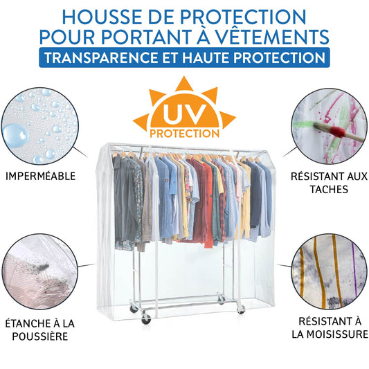 Housse Portant Vetement, Grande 169x90x170 cm, avec 2 fermetures éclair, protection contre la poussière, rayons UV, Transparent, Tatkraft Safe, 3