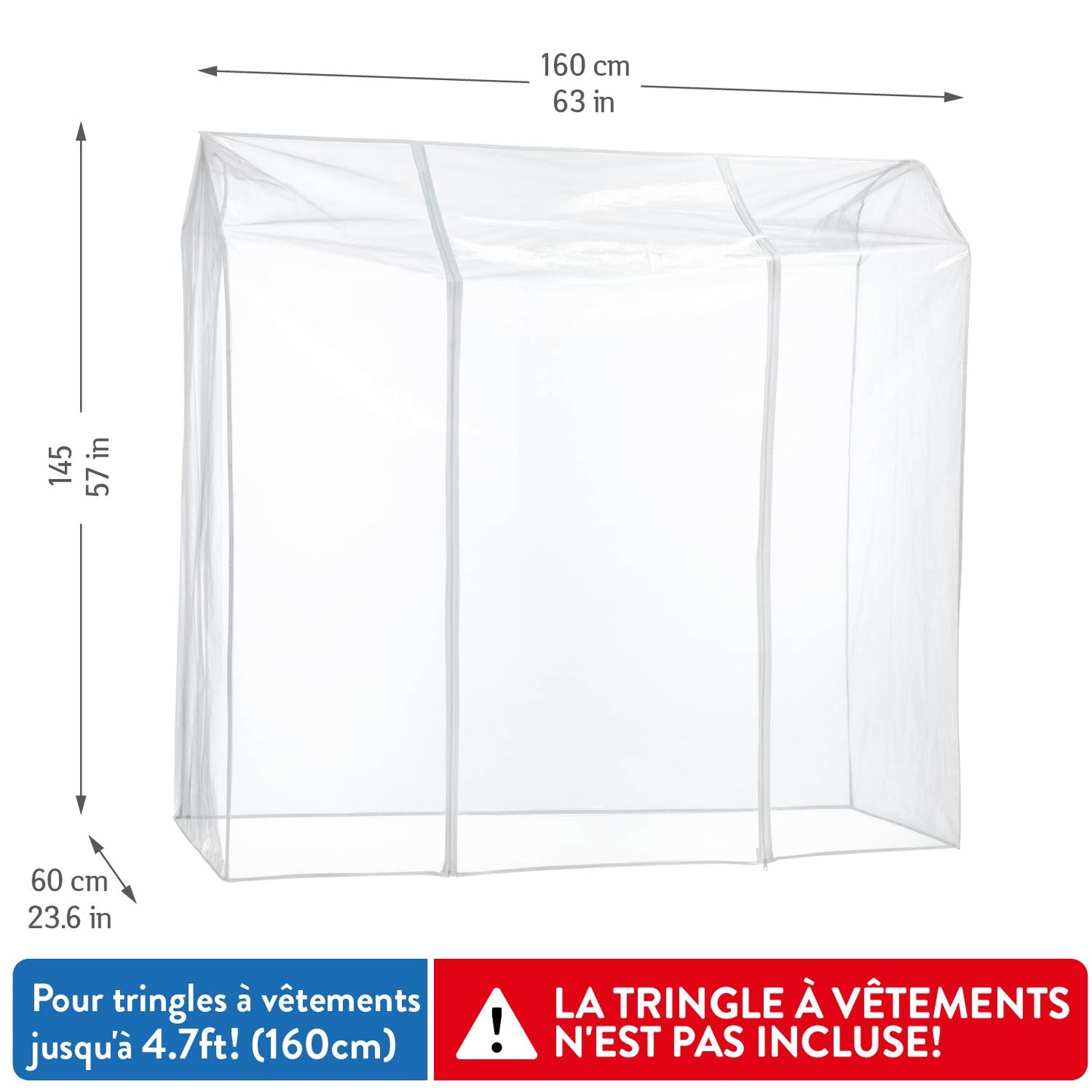 Housse pour portant vetement, 160x60x145 cm, avec 2 fermetures éclair, Transparente, protection contre la poussière et l’humidité, Tatkraft Defender, 4