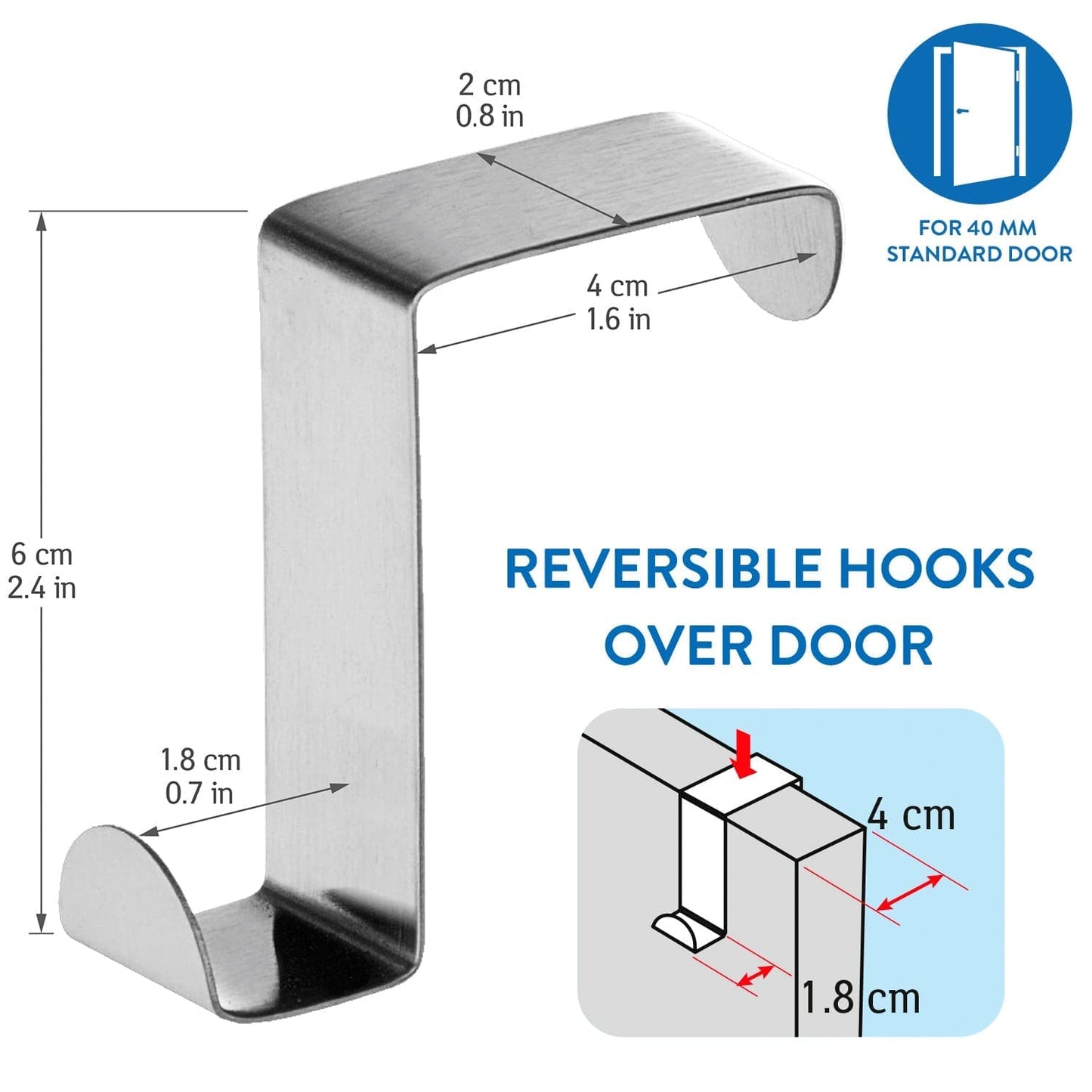 Tatkraft Seger 6 Crochets de Porte en Acier Inoxydable, Réversibles pour Porte Standart et Placard Armoire, Jusqu’à 5 kg