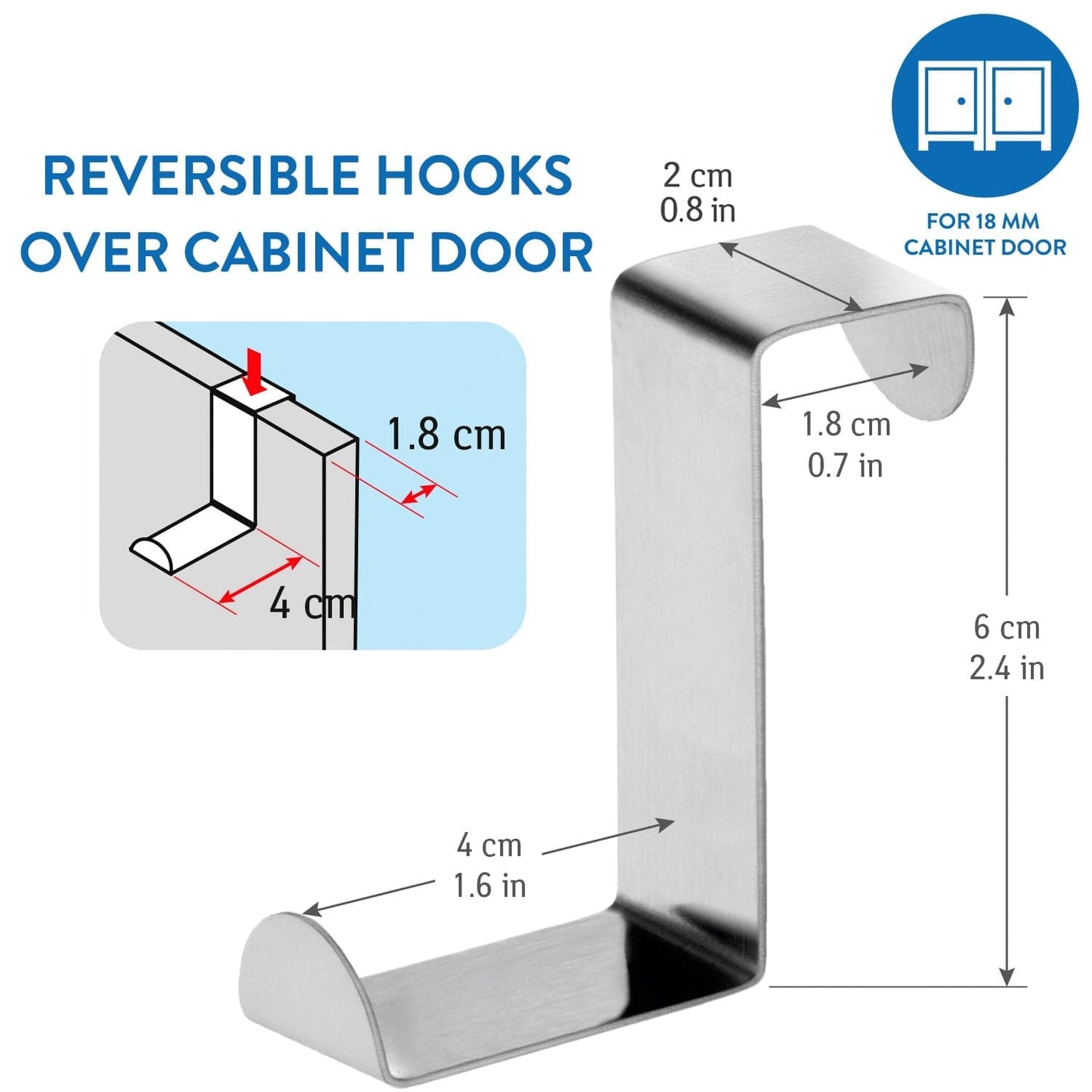 Tatkraft Seger 6 Crochets de Porte en Acier Inoxydable, Réversibles pour Porte Standart et Placard Armoire, Jusqu’à 5 kg