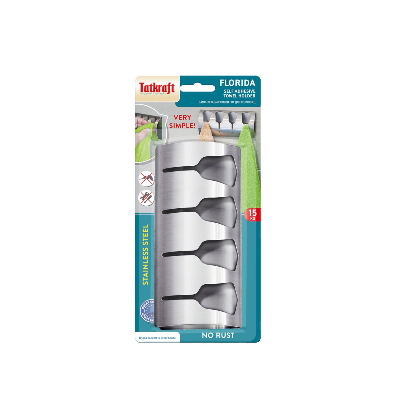 Tatkraft Florida Porte Serviette Torchon Adhésif, 4 Crochets Inox, Supporte 15 kg