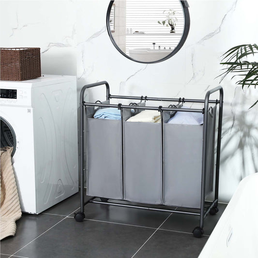 Panier à Linge 3 compartiments, 132L, Corbeille à Linge, Chariot Linge, sur Roulettes, Gris, SONGMICS, 4