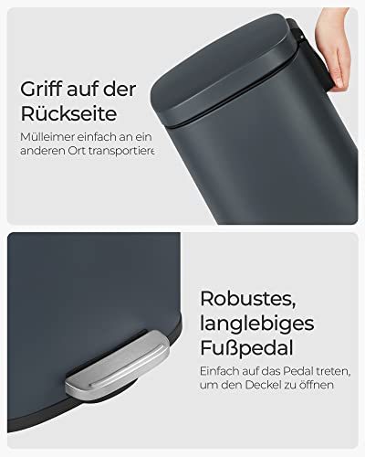 Poubelle de cuisine 30 L, panier à pédale, avec couvercle à fermeture souple et seau intérieur, acier, gris verdâtre