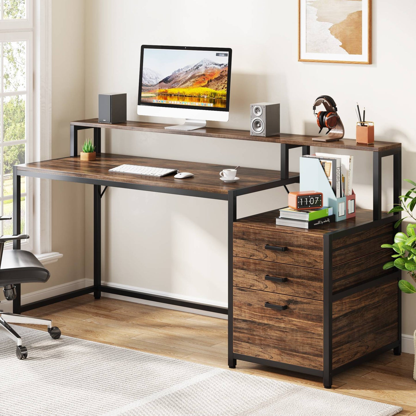Bureau avec Rangement, Bureau Professionnel, 160 x 50 x 90 cm, Bureau Ordinateur, Tribesigns, 8