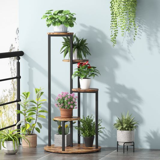 Etagere Plante, 5 niveaux, Support Plante, 50 x 50 x 104 cm, Support plante intérieur, Etagere Salon, Brun Noir, Tribesigns, 2