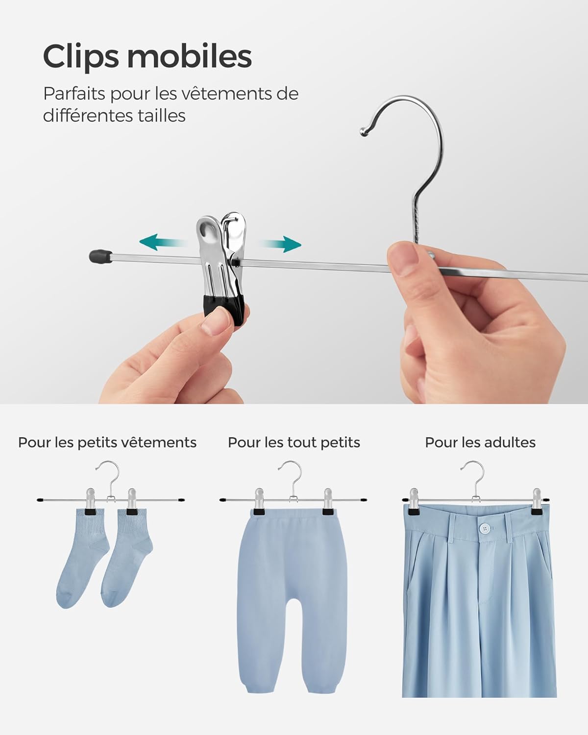 Cintre Pantalon, Lot de 20, Cintre Pince, 31 cm, Cintres, avec 2 Pinces Amovibles, Métallique, Argent et Noir, SONGMICS, 4