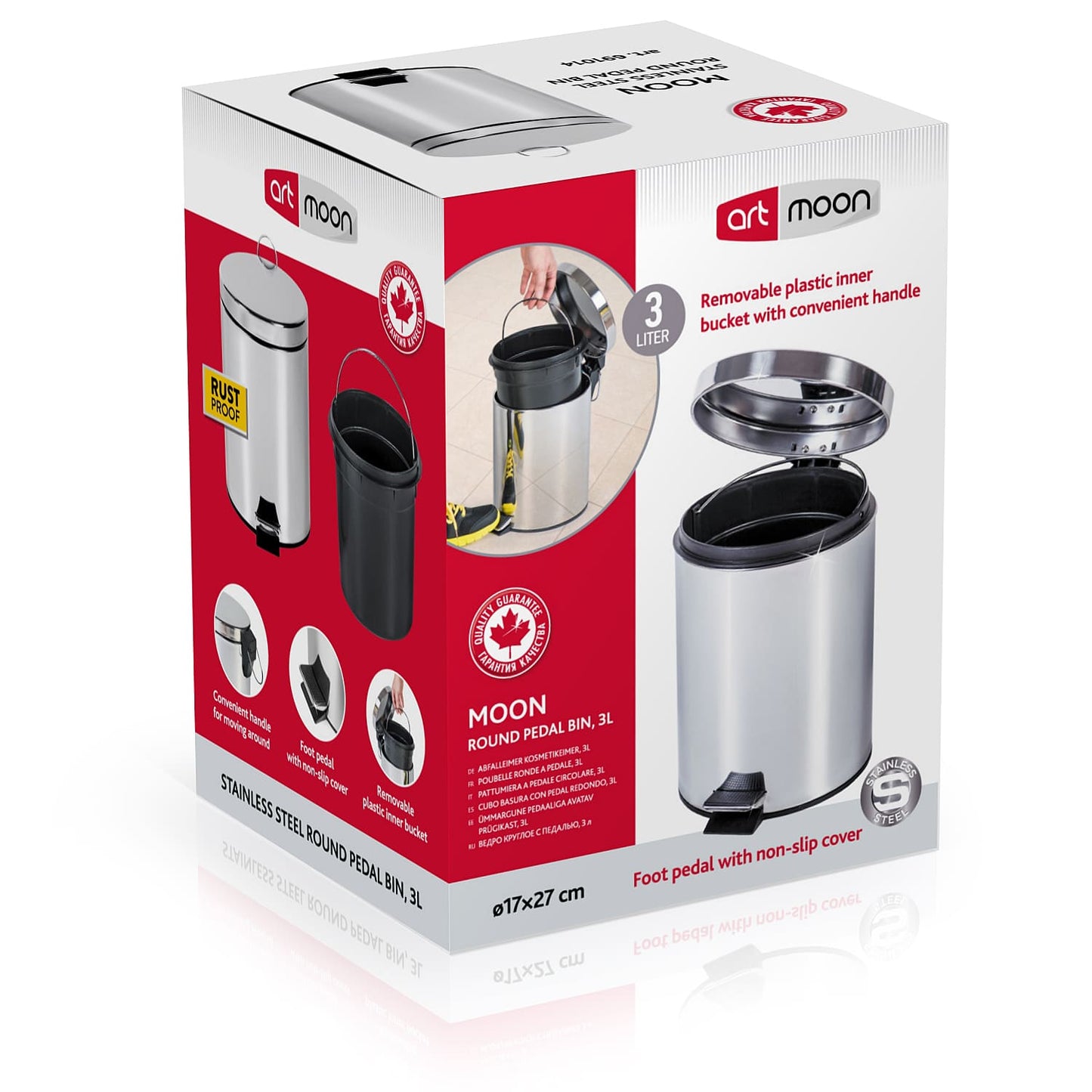 Poubelle Salle de bain et WC, Poubelle à Pédale Ronde 3L, Poubelle pour Toilettes en Acier Inoxydable, art moon Moon, 1