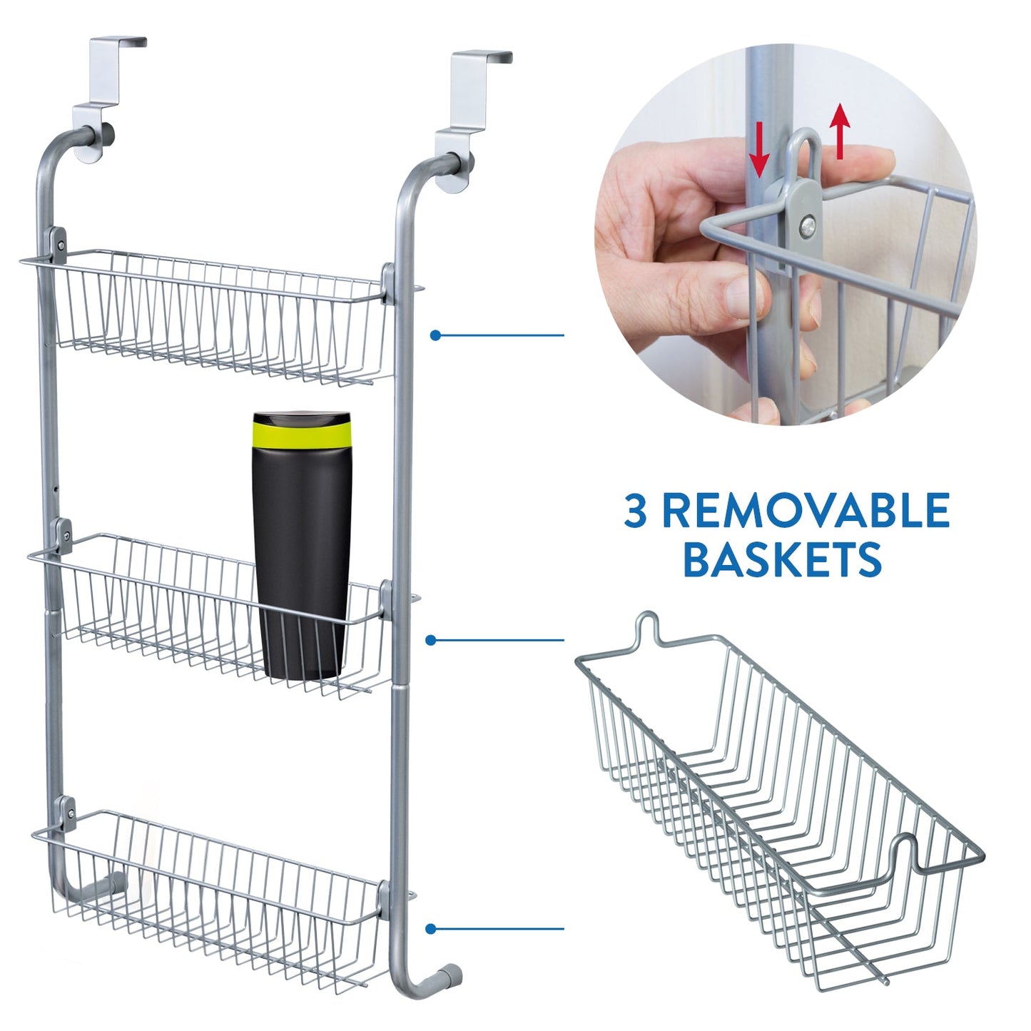art moon Climber Étagère de Douche en Acier Chromé à Suspendre sur Porte 3 Paniers Caddy, Rangement de Douche à 3 Niveaux Amovibles