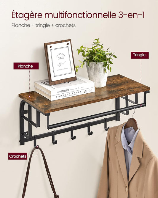 Porte Manteau Mural,avec Étagère, Portant Mural, 5 Crochets Amovibles, Étagère Suspendue avec Tringle, Marron et Noir, VASAGLE, 2