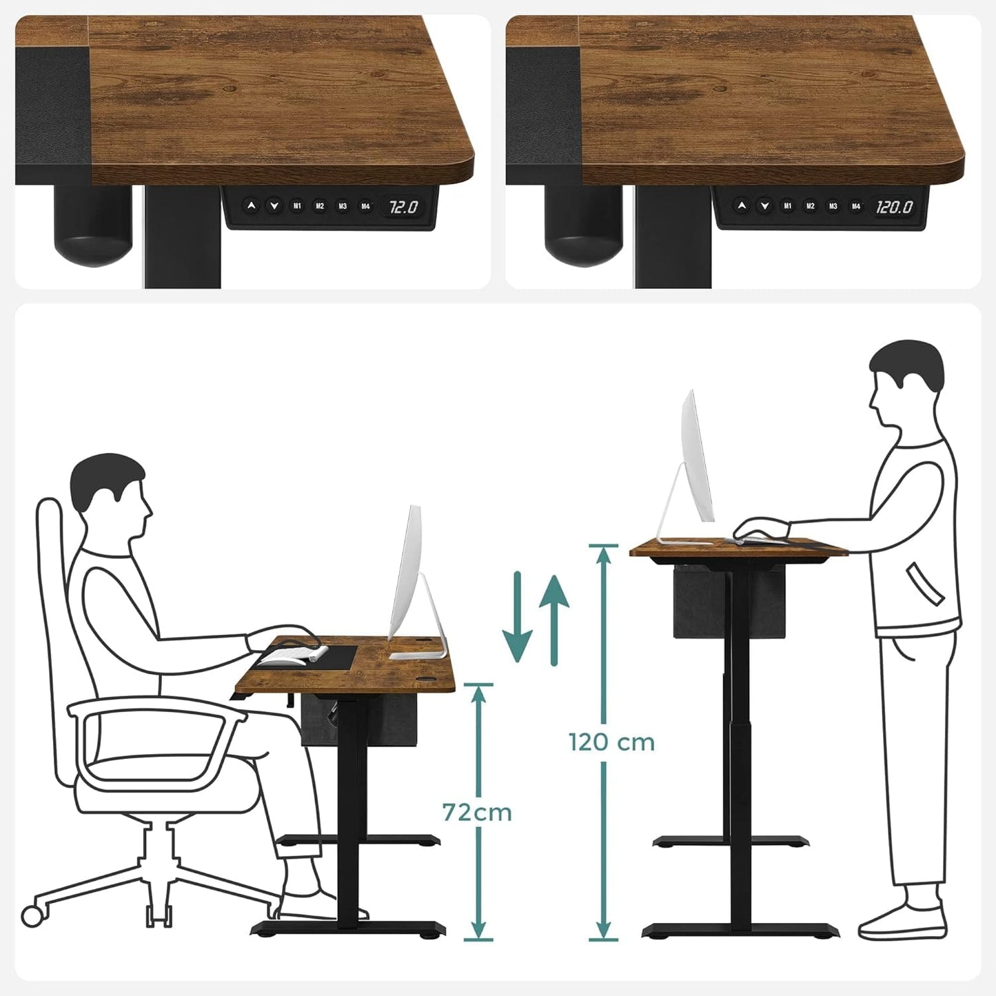 SONGMICS - Bureau Électrique Assis-Debout, 60x120x(72-120) cm, Mémoire 4 Hauteurs, Cadre en Acier, Dessus de Table Épais
