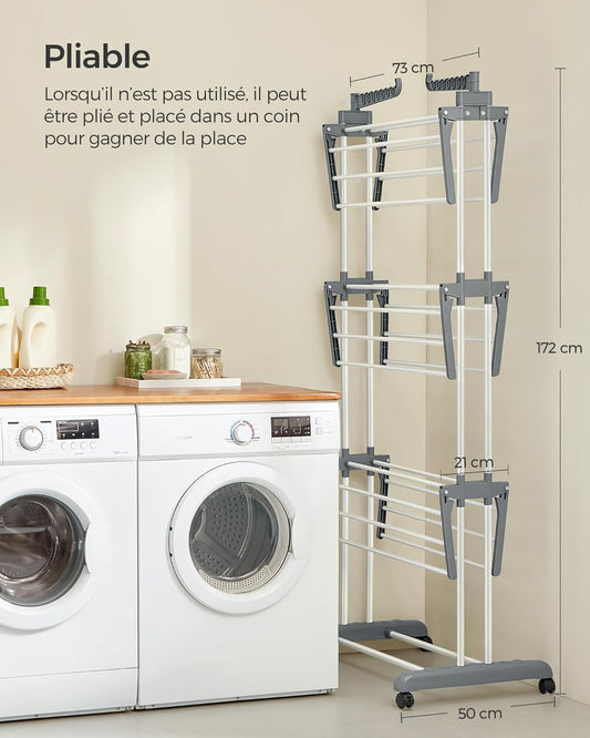Étendoir a linge, 4 Niveaux, sechoir a linge, avec roulettes, Grande Capacité, Blanc, SONGMICS, 2