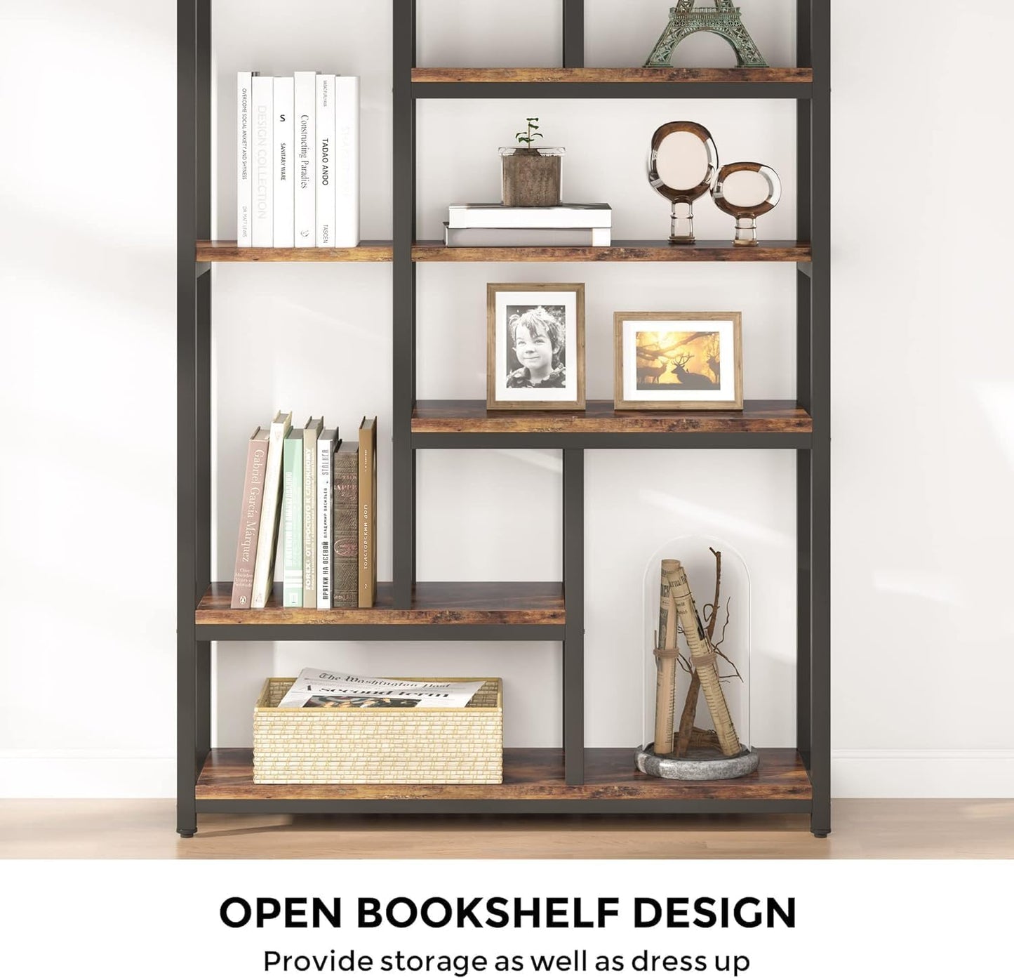 Bibliothèque, 7 niveaux, Etagere Salon, 100 x 30 x 200 cm, Etagere Rangement, Brun, Tribesigns, 5