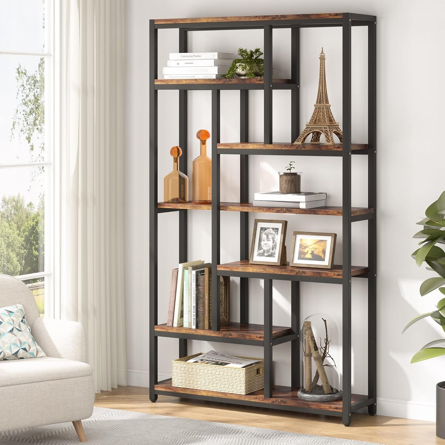 Bibliothèque, 7 niveaux, Etagere Salon, 100 x 30 x 200 cm, Etagere Rangement, Brun, Tribesigns, 1