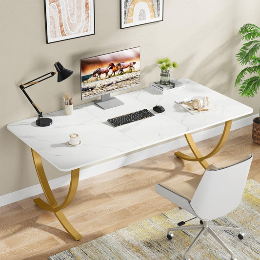 Bureau Ordinateur, 160x80x75 cm, Table de Réunion, avec plateau en faux marbre, Blanc Or, Tribesigns, 2