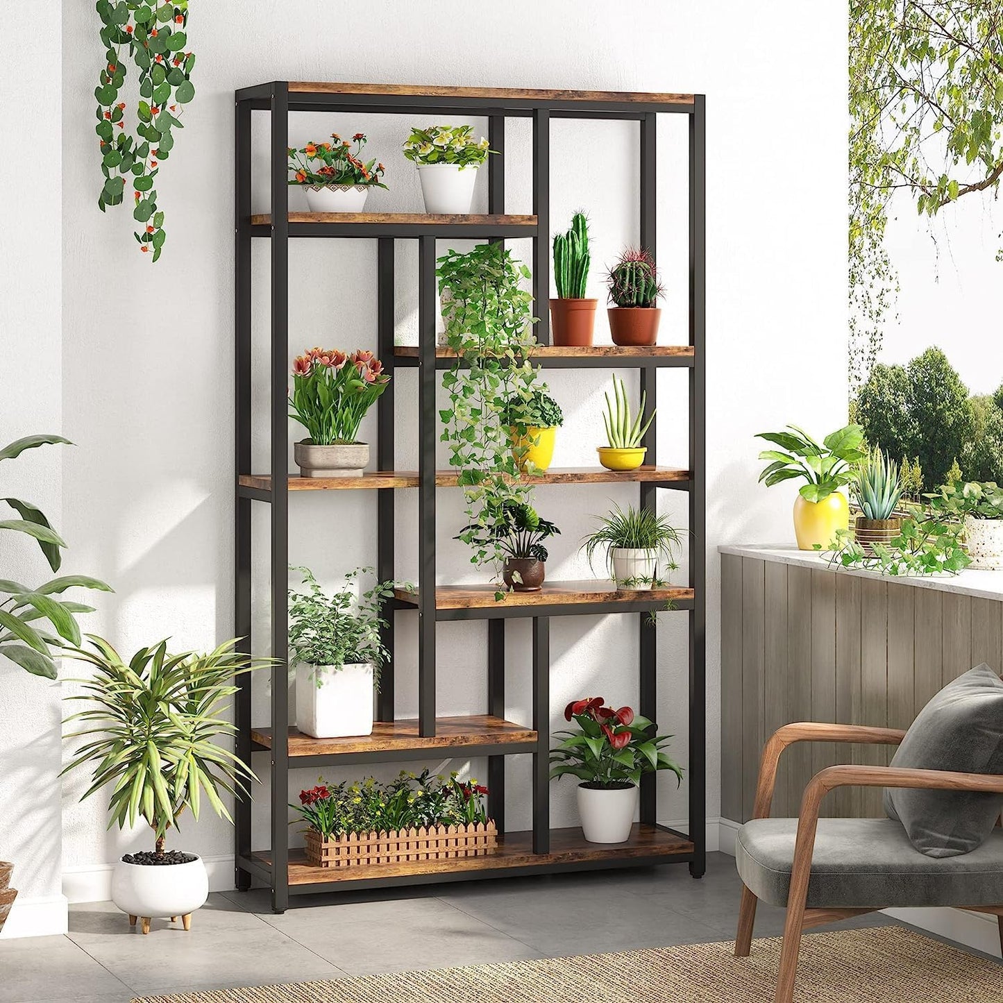 Bibliothèque, 7 niveaux, Etagere Salon, 100 x 30 x 200 cm, Etagere Rangement, Brun, Tribesigns, 7