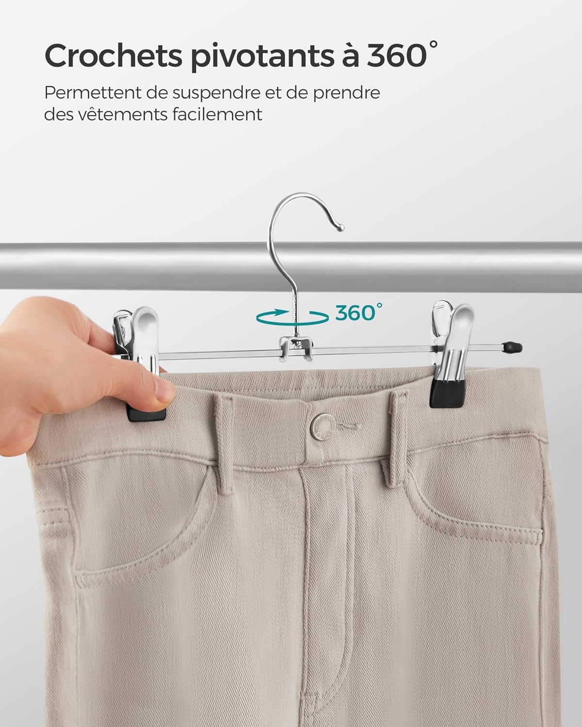 Cintre Pantalon, Lot de 20, Cintre Pince, 31 cm, Cintres, avec 2 Pinces Amovibles, Métallique, Argent et Noir, SONGMICS, 5