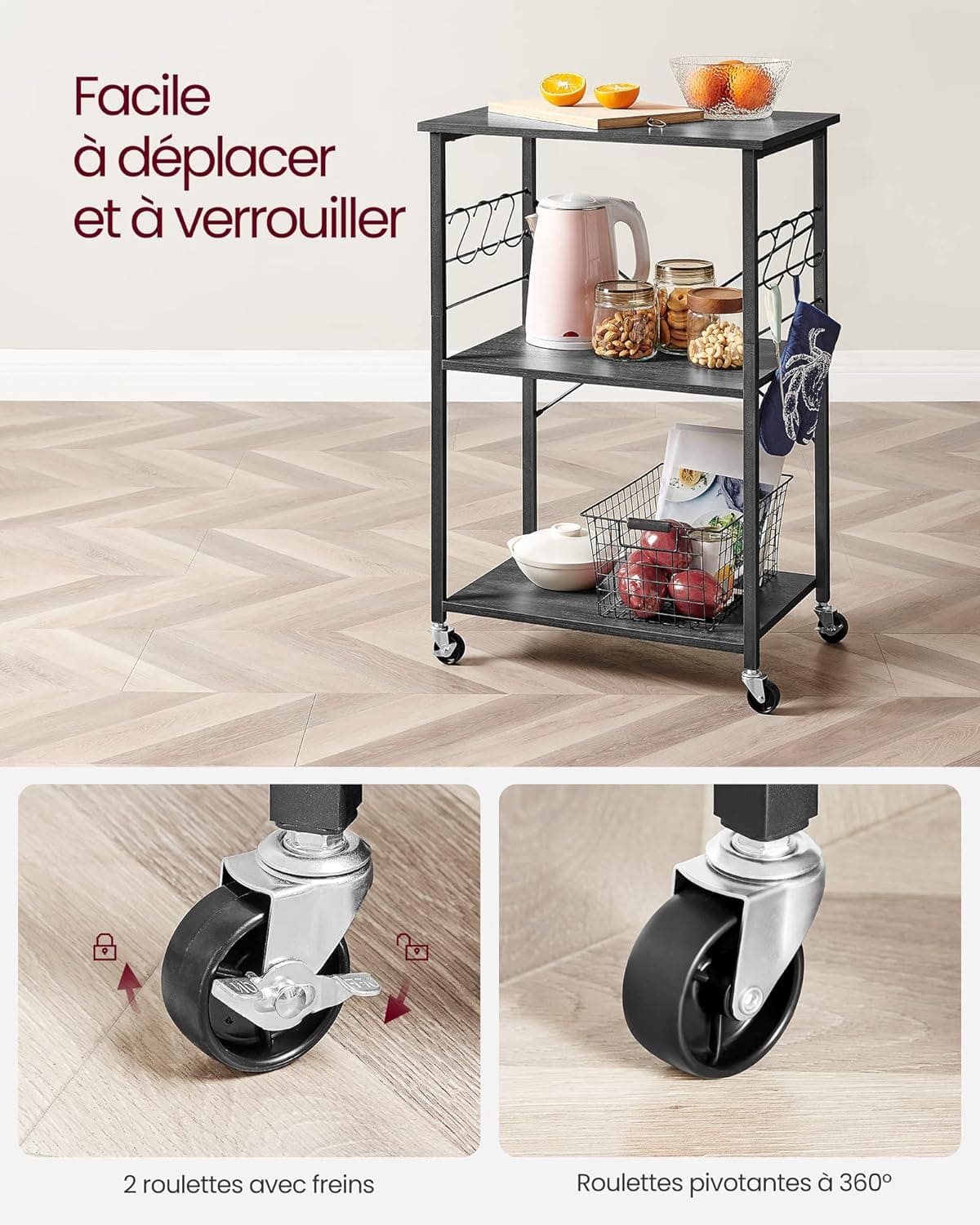 Chariot, Rangement Cuisine, Desserte à Roulettes sur 4 Niveaux, Étagère de Cuisine avec 6 Crochets, VASAGLE, 7