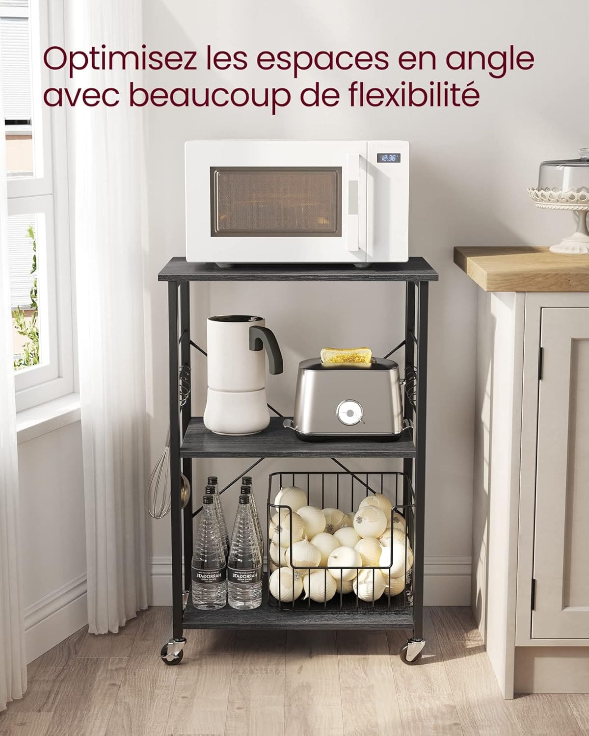 Chariot, Rangement Cuisine, Desserte à Roulettes sur 4 Niveaux, Étagère de Cuisine avec 6 Crochets, VASAGLE, 8