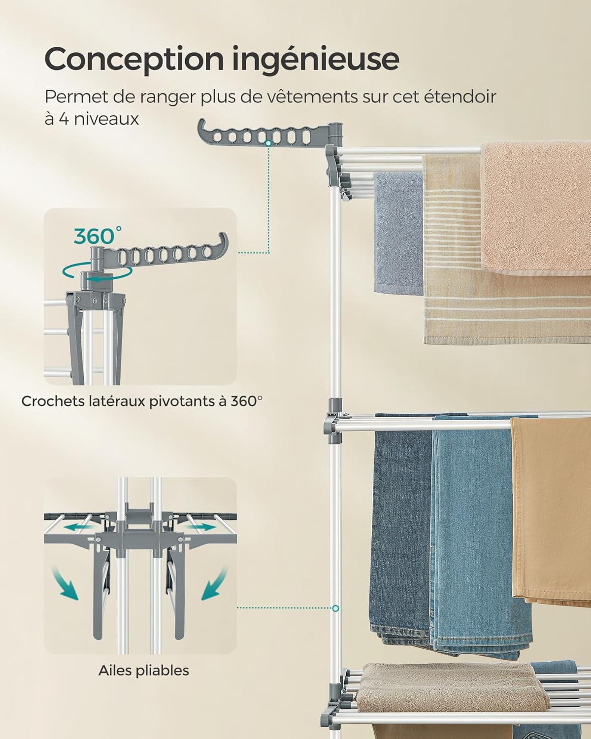 Étendoir a linge, 4 Niveaux, sechoir a linge, avec roulettes, Grande Capacité, Blanc, SONGMICS, 4