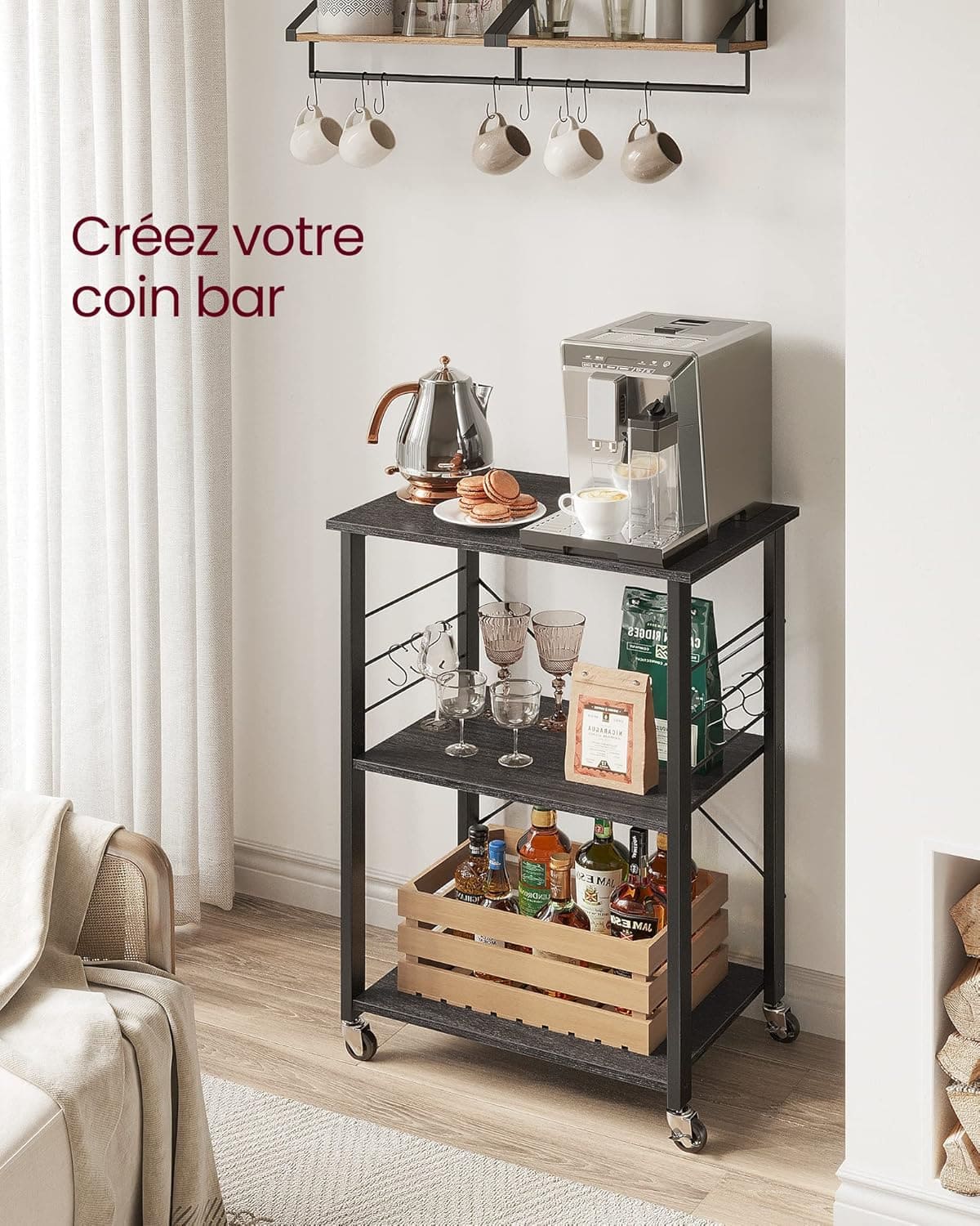 Chariot, Rangement Cuisine, Desserte à Roulettes sur 4 Niveaux, Étagère de Cuisine avec 6 Crochets, VASAGLE, 9