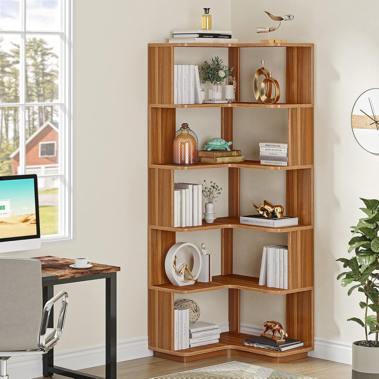 Etagere d'angle, 6 niveaux, Bibliothèque d'angle, 60 x 60 x 165 cm, Étagère rangement, Etagere Salon, Tribesigns, 5