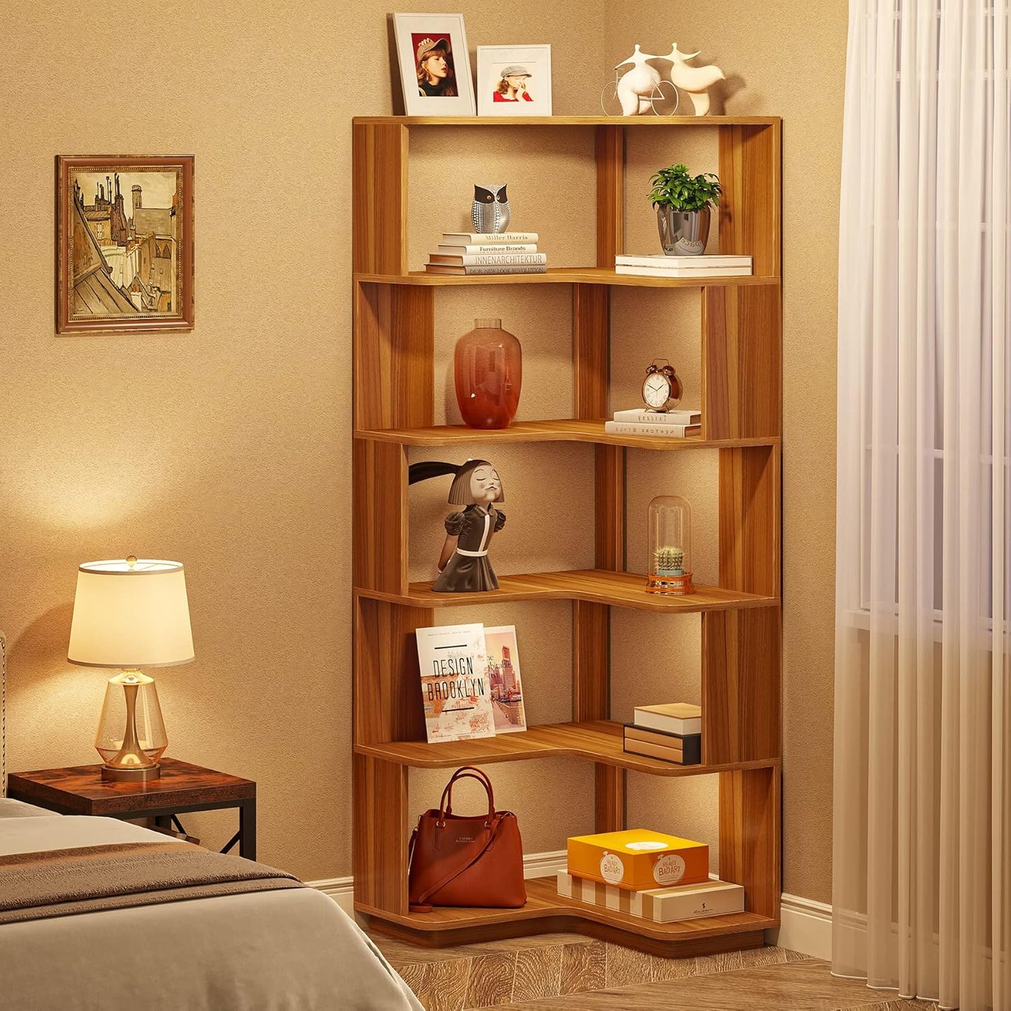 Etagere d'angle, 6 niveaux, Bibliothèque d'angle, 60 x 60 x 165 cm, Étagère rangement, Etagere Salon, Tribesigns, 6