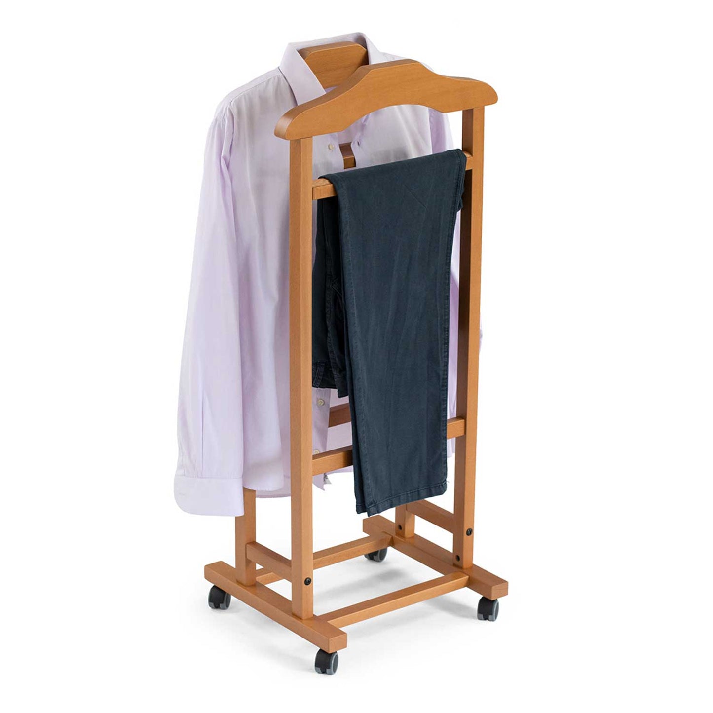 ARIT MIXER - Chevalet Vetement, Valet de Chambre Bois, Composé de 2 Cintres, Porte-Pantalon, Tablette de Rangement et Porte-Jupes, Couleur Cerise