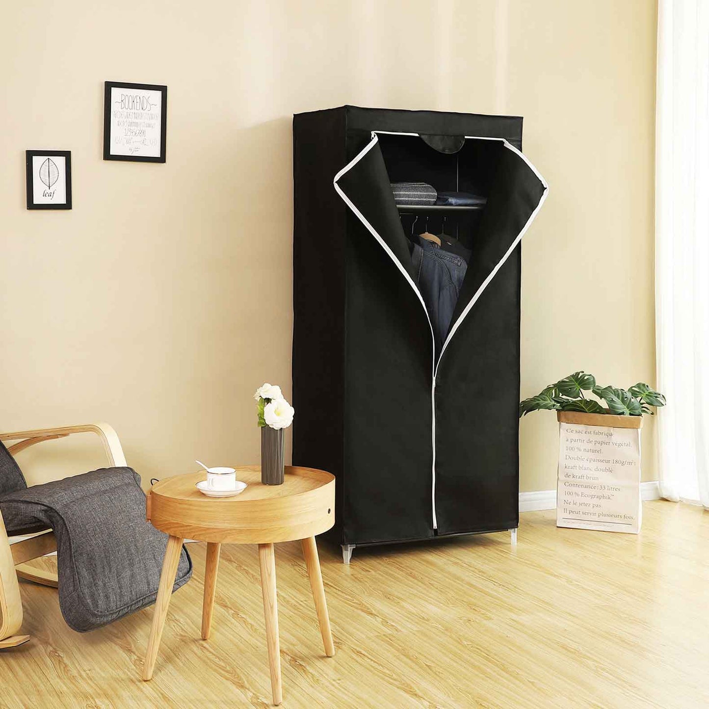 Armoire Tissu, Penderie Tissu, Portant Vetement, Armoire Pliable, avec Tringle de Suspension, Dressing, Noir, SONGMICS, 5