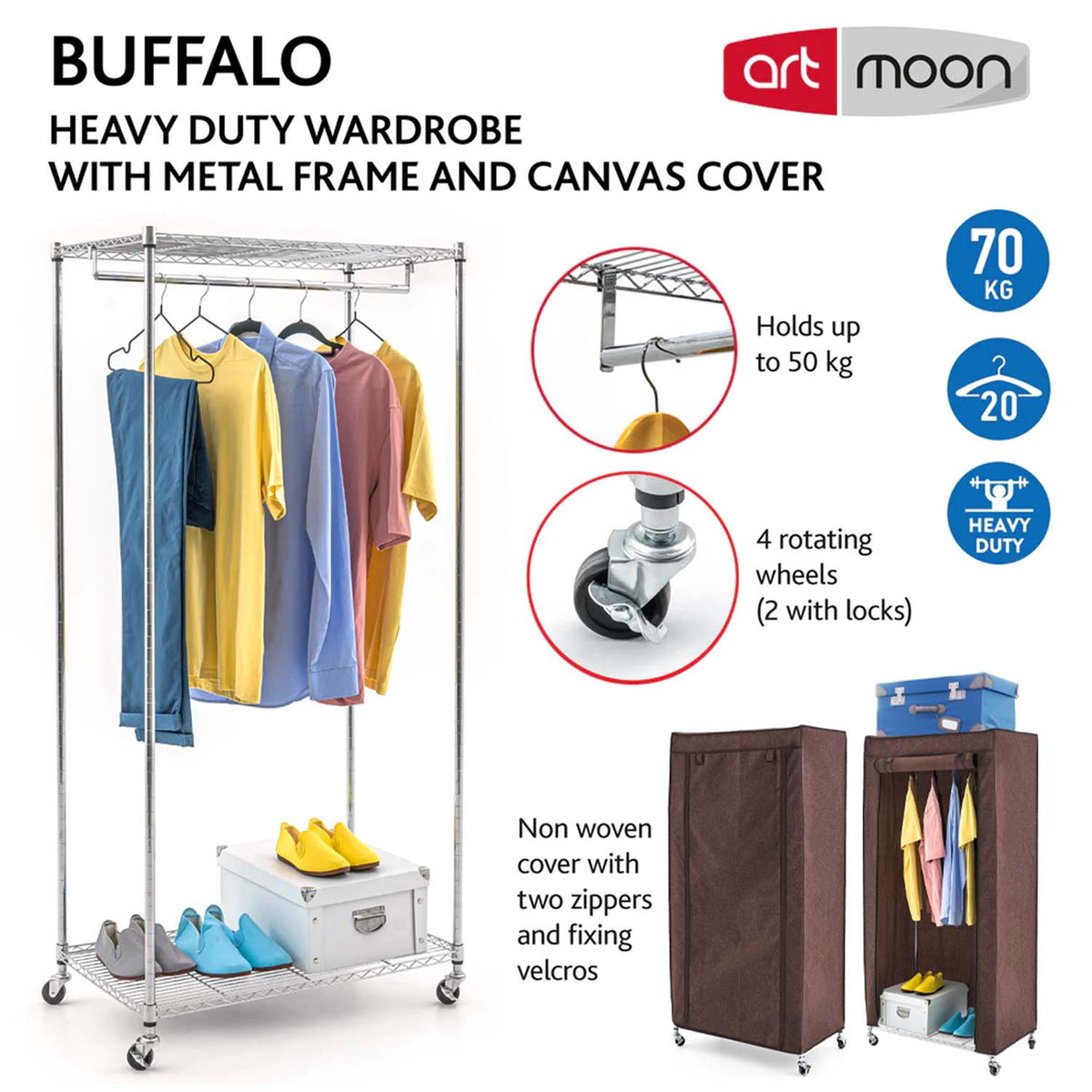 Armoire Tissu Penderie Mobile avec Housse, Portant à Vêtements Solide avec Roulettes et Range-Chaussures, art moon buffalo, 4