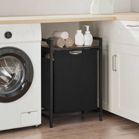 Panier à Linge Pliable, Panier Linge Bois, Sac à Linge Coulissant et Amovible, Etagère, 65L, Marron et Noir, VASAGLE, 2