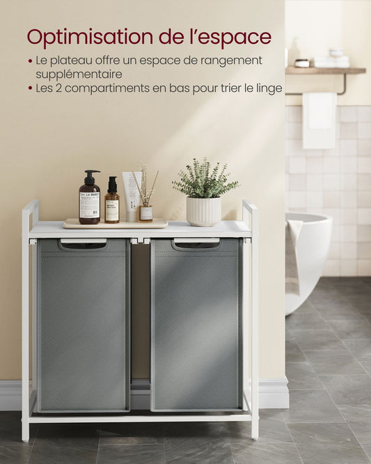 Panier à Linge, 2 x 46L, Corbeille à Linge, Meuble Panier à Linge, 2 Sacs Amovibles, Étagère, Cadre en Métal, Blanc et Gris, VASAGLE, 5