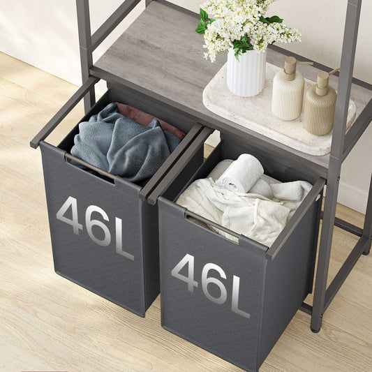 Panier à Linge Pliable, Panier Linge Bois, Corbeille Linge Sale, 2 x 46 L, 73 x 33 x 177 cm, Grège et Gris, VASAGLE, 2