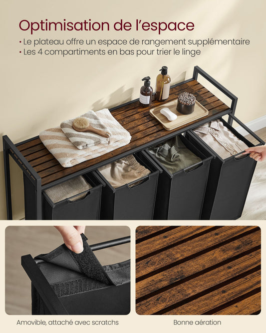 Panier à Linge, 4 x 40 L, Meuble Panier à Linge, Corbeille à Linge, 4 Sacs Amovibles, Étagère, Cadre en Métal, Marron Noir, VASAGLE, 5