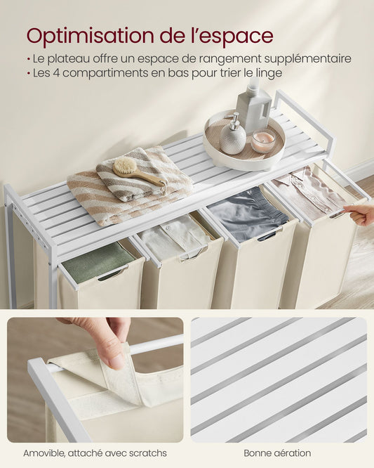 Panier à Linge, 4 x 40 L, Meuble Panier à Linge, Corbeille à Linge, 4 Sacs Amovibles Étagère, Cadre en Métal, Blanc, VASAGLE, 4