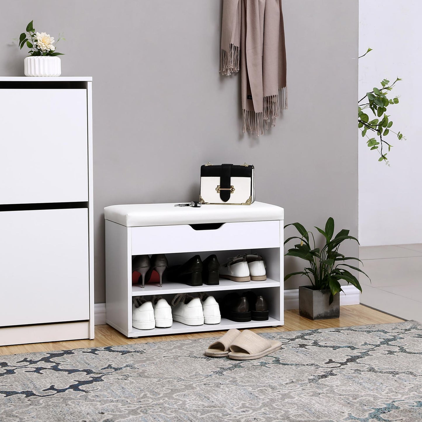 Banc a Chaussure, avec coussin, Banc d'entrée avec Rangement, 2 étagères et 1 grand compartiment, Blanc mat, VASAGLE, 5