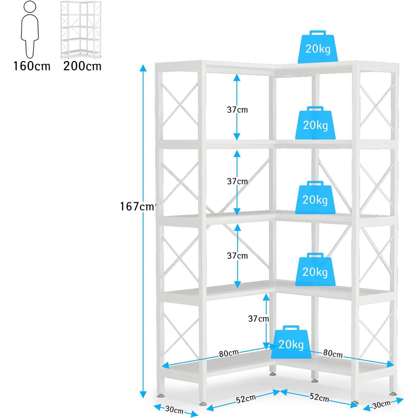 Bibliothèque, Grande D'angle Moderne à 5 étagères, Étagère D'angle à 5 Niveaux avec Cadre en métal, Blanc, Tribesigns, 7