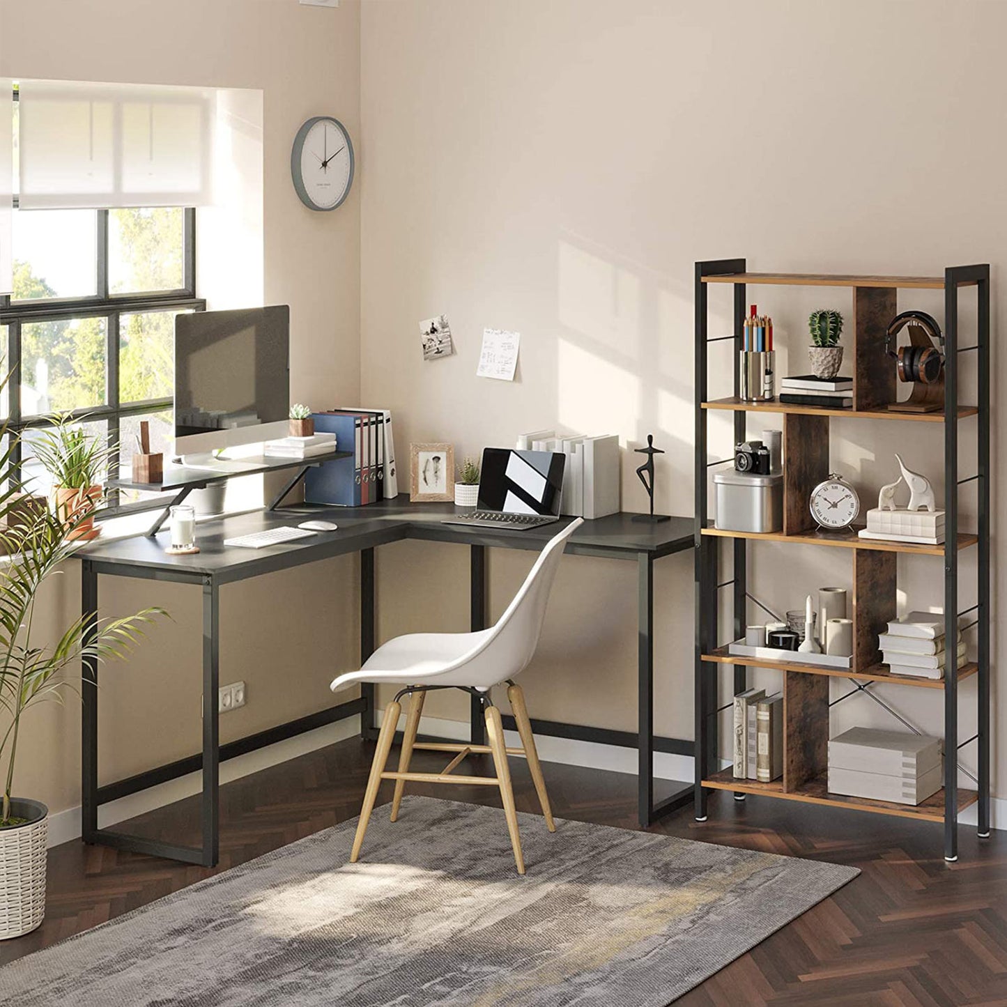 Bureau d'Angle, Bureau Ordinateur, Bureau PC, Bureau Informatique, avec étagère, Cadre en Métal, Noir, Vasagle, 1