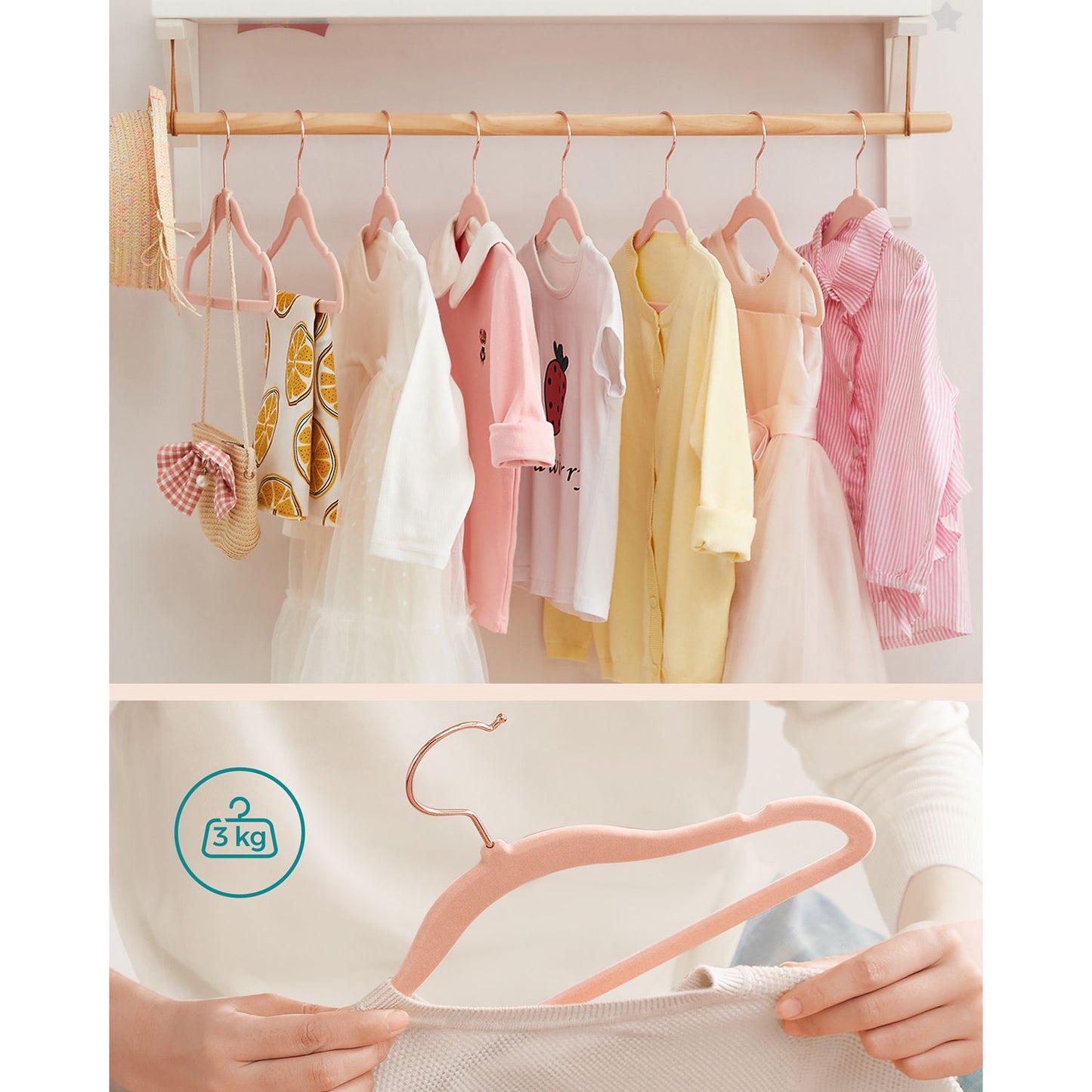 Cintre Enfant, Lot de 50, Cintres Bébé, en Velours, avec Crochets Pivotants à 360° en Rose Gold, Rose, SONGMICS, 8