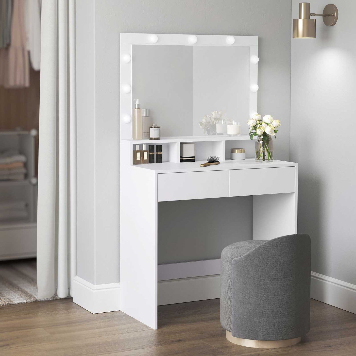Coiffeuse, Grand Miroir LED à Luminosité Réglable, Table de Maquillage avec Miroir, 2 Tiroirs, Blanc, VASAGLE, 1