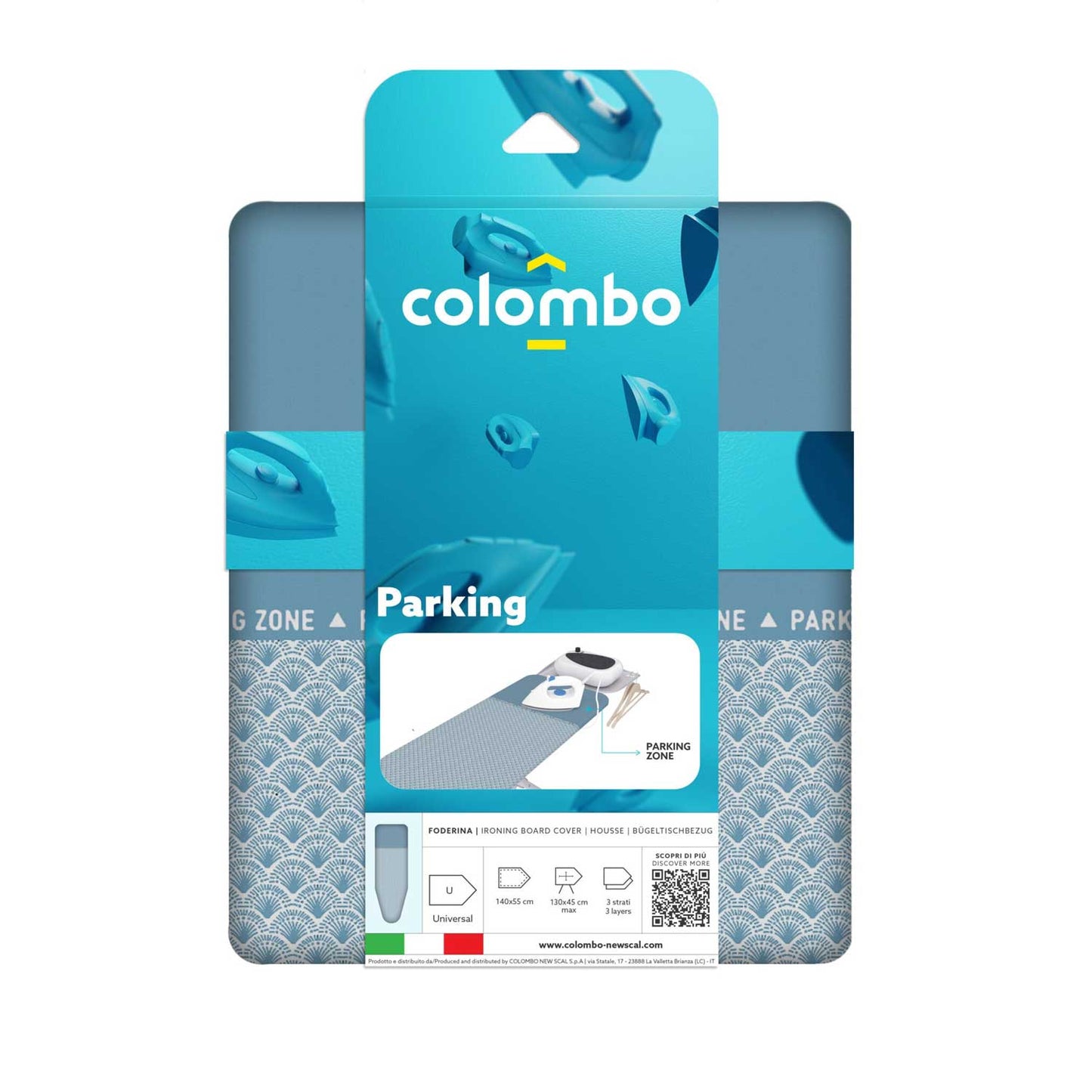 Colombo Parking - Housse Table à Repasser, 140x55 cm, Housse Planche a Repasser, Housse 3 Épaisseurs, avec clip de fixation, Fabriquée en Italie