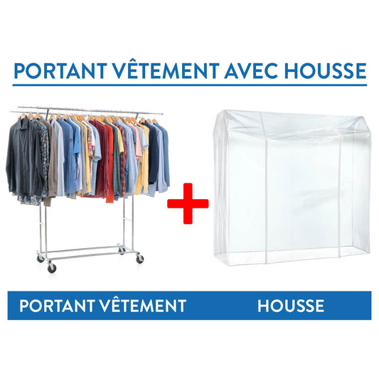 Portant Vêtement Solide avec Housse Imperméable, Charge 110 kg, sur roulettes, 2 tringles, Acier Chromé, Tatkraft Denver & Safe, 3