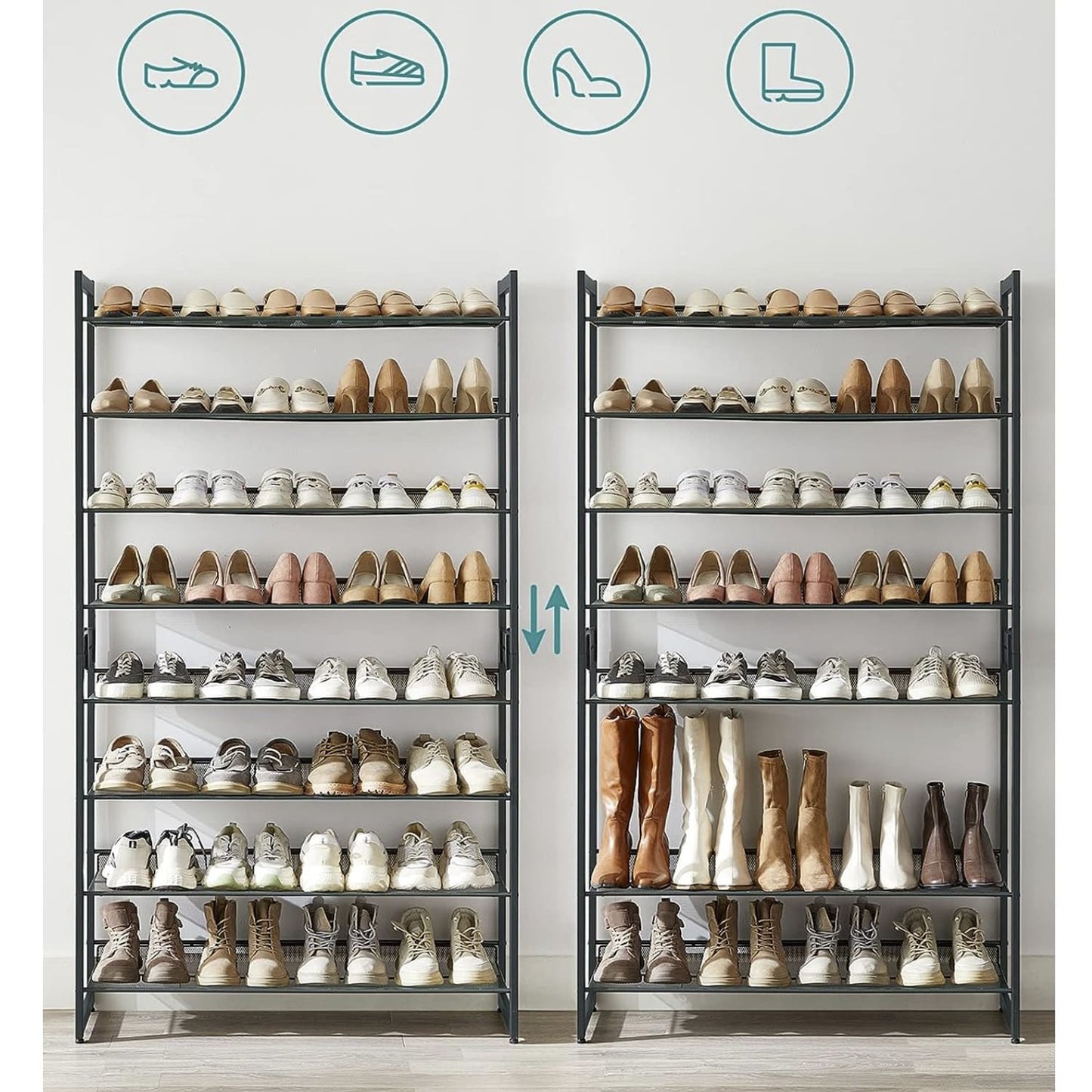 Étagère à Chaussures, de 8 Niveaux, Ensemble de 2 étagères de chaussures Empilable de 4 Niveaux, en Métal, Noir, SONGMICS, 7