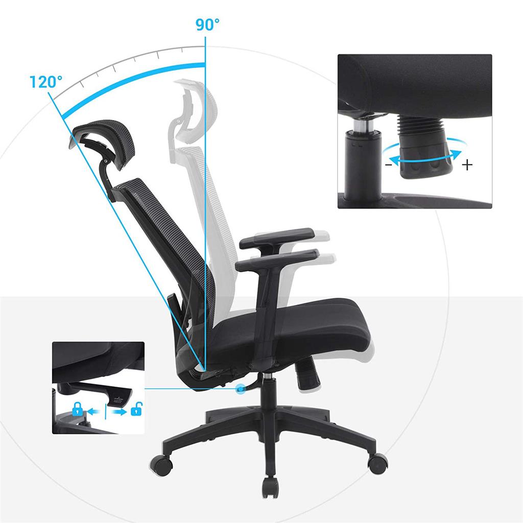 Fauteuil de Bureau, Chaise de Bureau Ergonomique, pivotant à 360°, inclinaison du dossier jusqu’à 120°, Noir, Songmics, 5