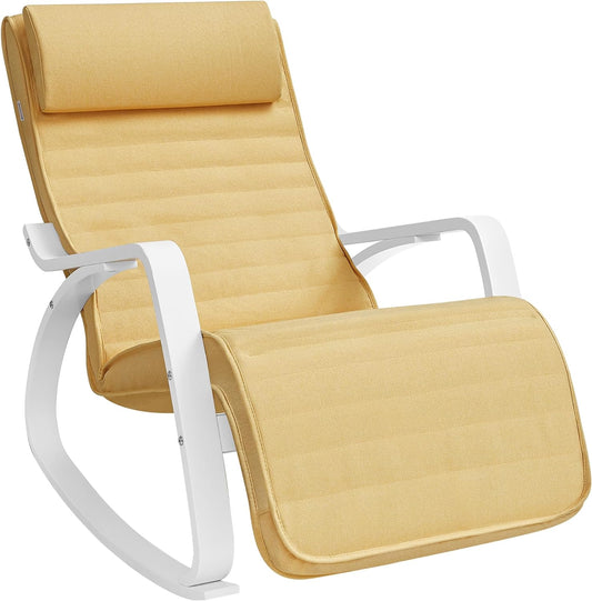 Fauteuil à Bascule, avec Accoudoirs en Bois, Chaise Berçante avec Repose-Pied Réglable, Jaune Canard et Blanc, SONGMICS, 2