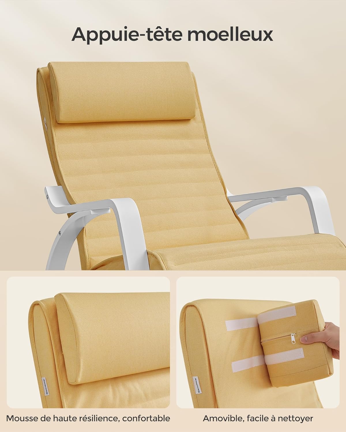 Fauteuil à Bascule, avec Accoudoirs en Bois, Chaise Berçante avec Repose-Pied Réglable, Jaune Canard et Blanc, SONGMICS, 7